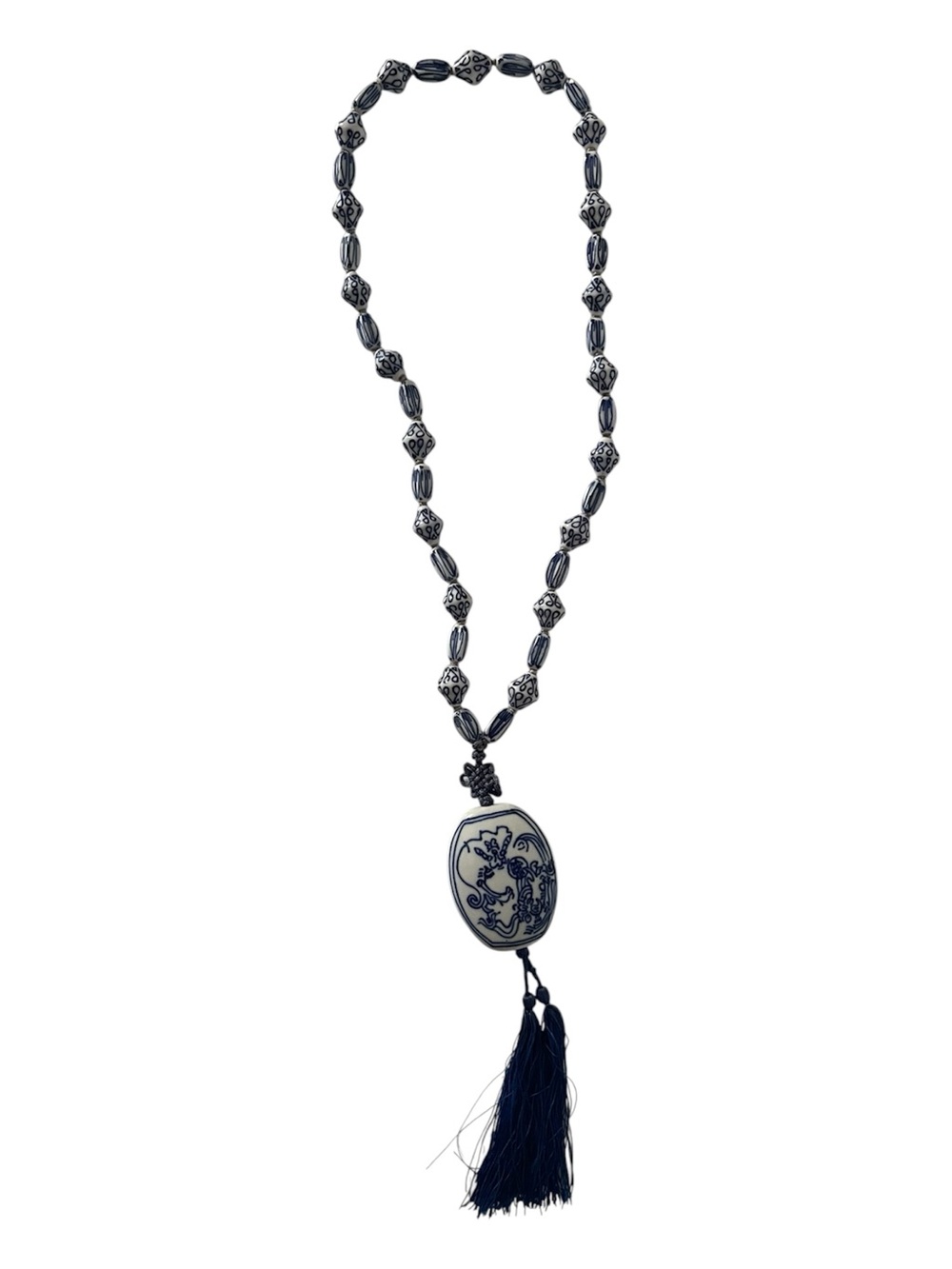 Vintage Chinese Ming Style
Blue and White Porcelain Bead
Necklace with Tassel